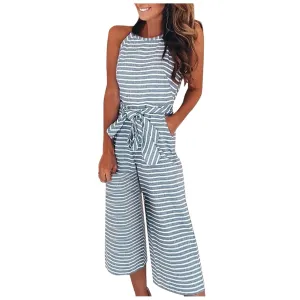 Women's Fashion Slim Sexy Pocket Striped Round Neck Sleeveless Jumpsuit