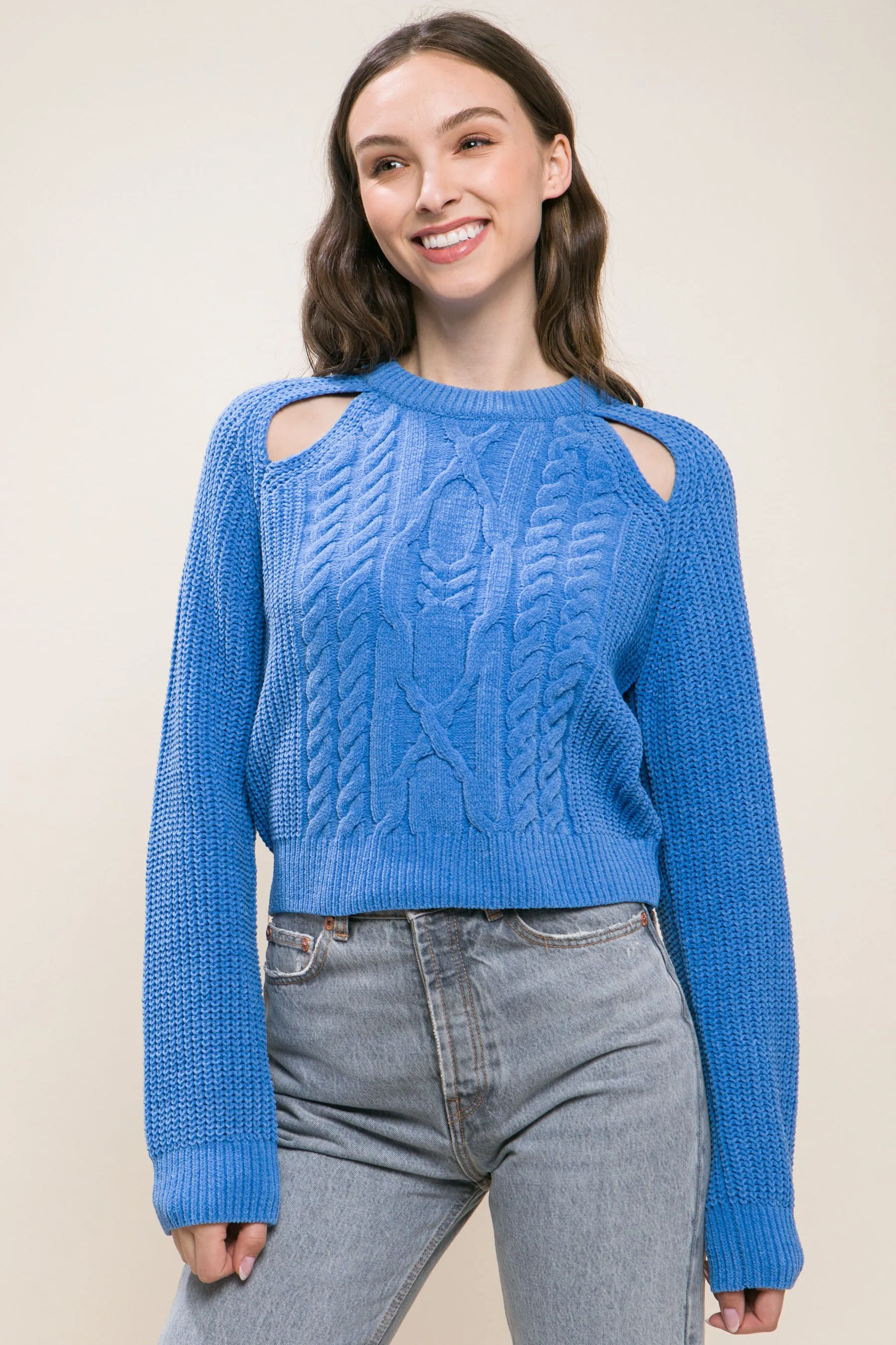 Women's Knit Pullover Sweater With Cold Shoulder Detail - 4 colors