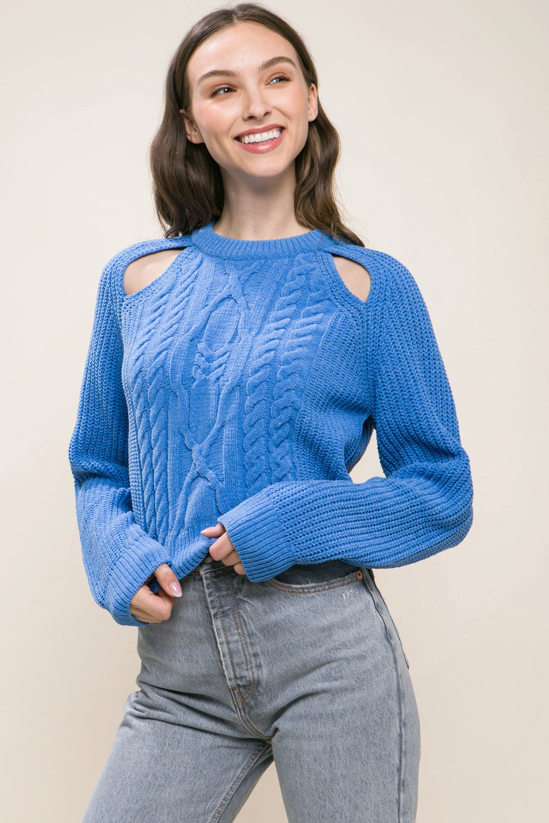 Women's Knit Pullover Sweater With Cold Shoulder Detail - 4 colors