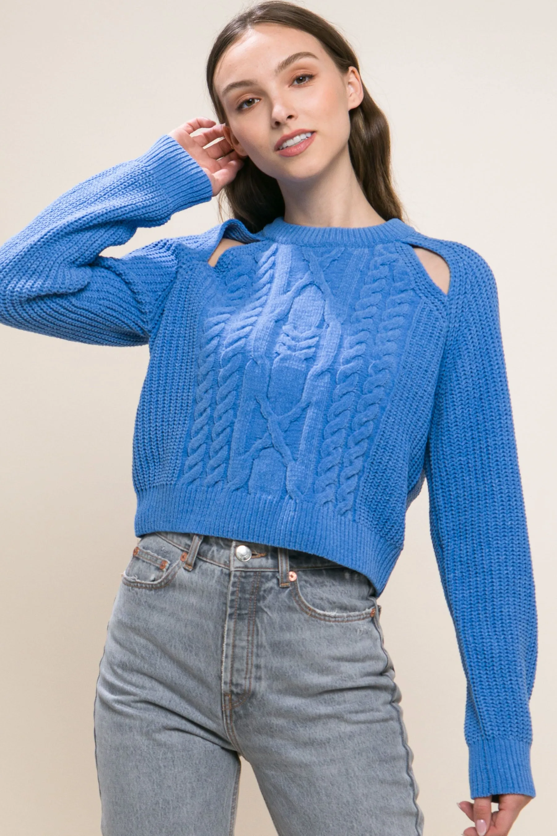 Women's Knit Pullover Sweater With Cold Shoulder Detail - 4 colors