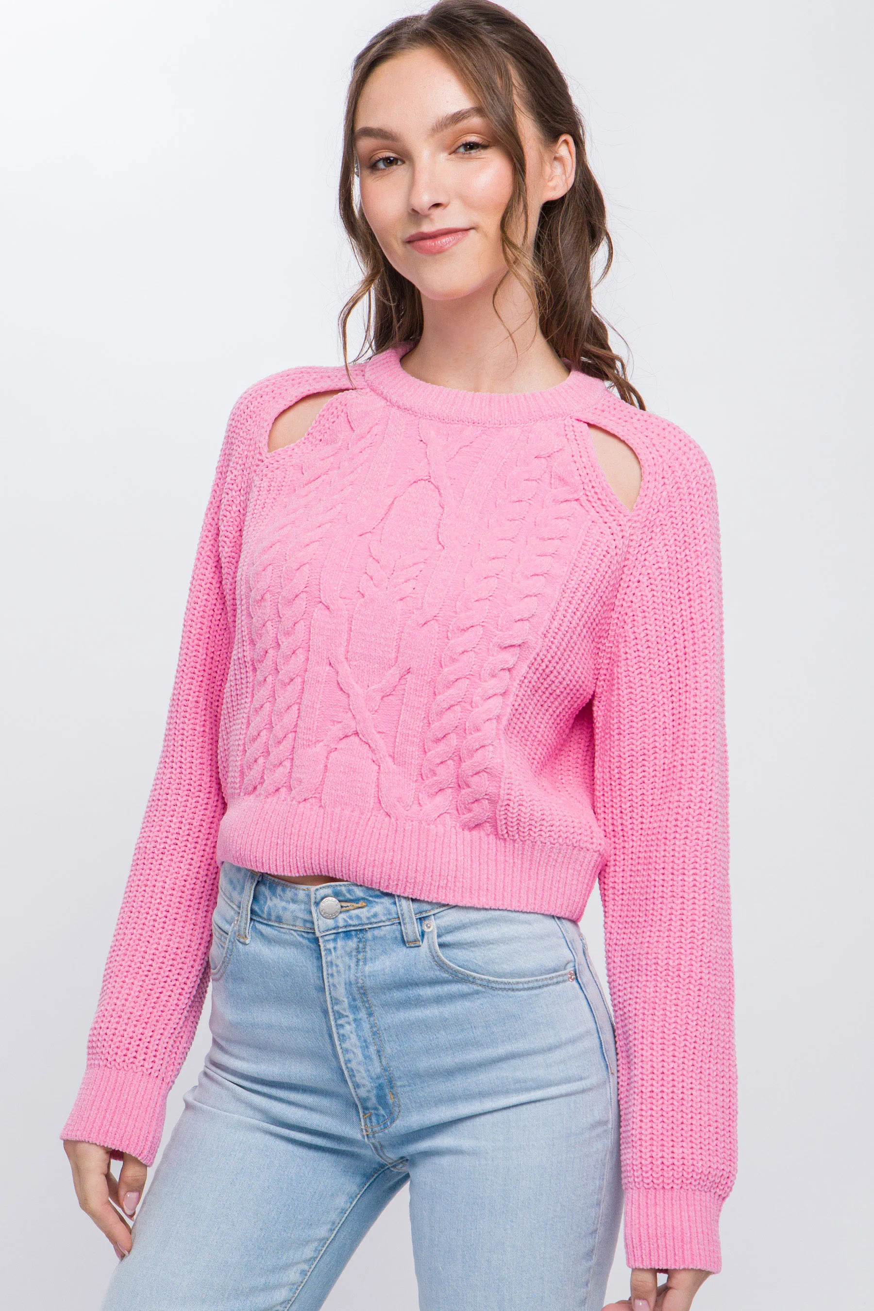 Women's Knit Pullover Sweater With Cold Shoulder Detail - 4 colors