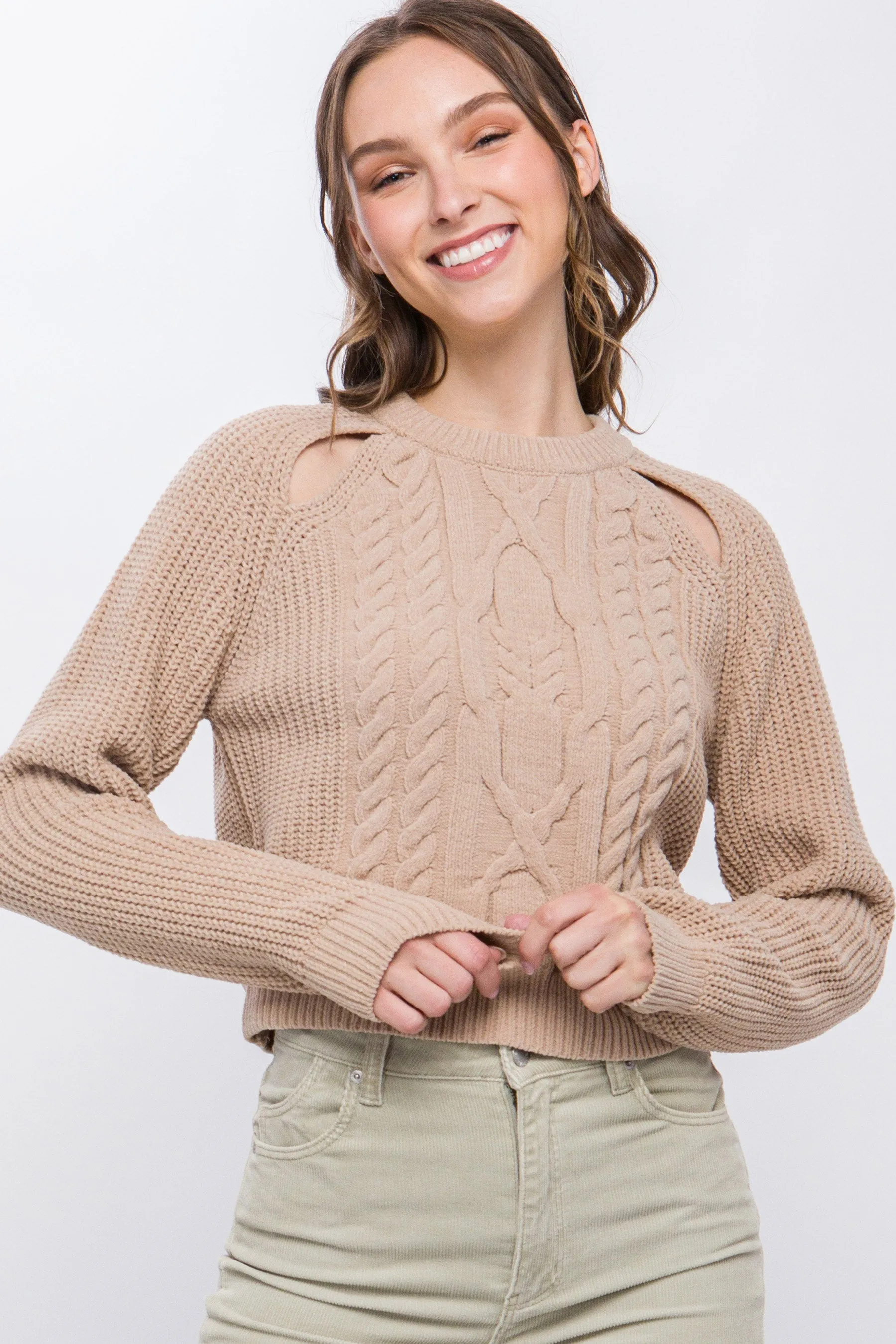 Women's Knit Pullover Sweater With Cold Shoulder Detail - 4 colors