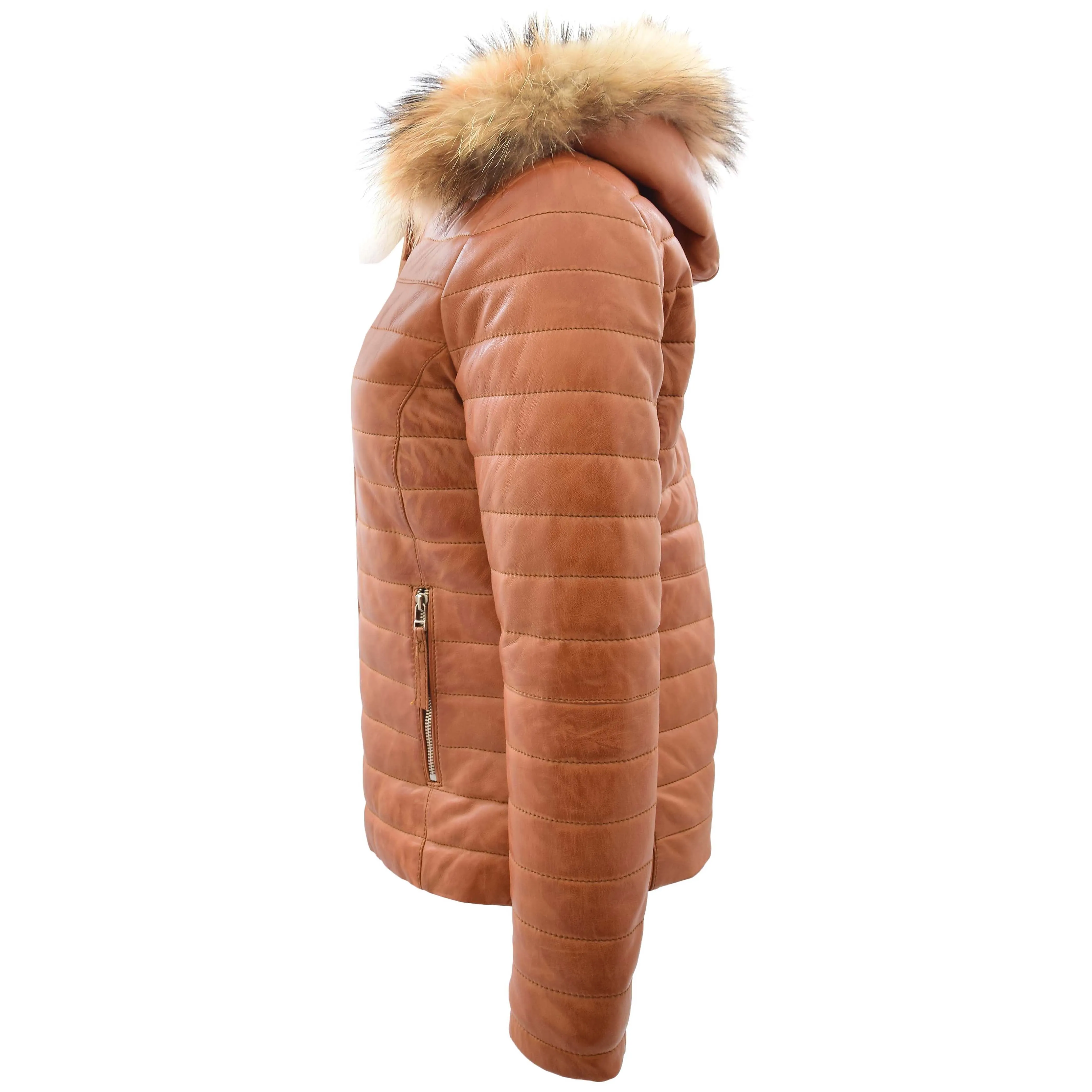 Womens Leather Puffer Coat Detachable Hooded Lucy Tan