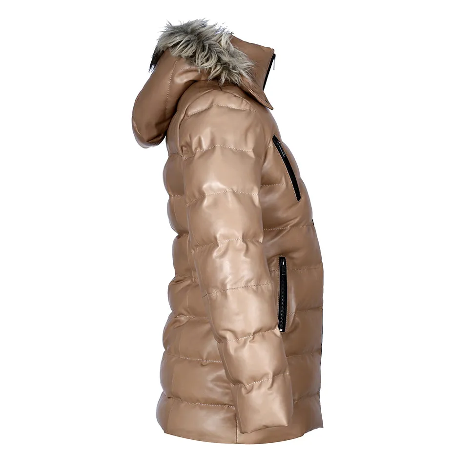 Womens Selina Puffer Leather Jacket with Fur Hoodie (Tan)