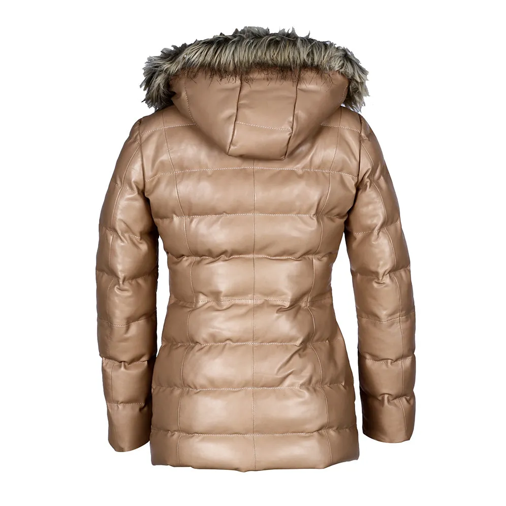 Womens Selina Puffer Leather Jacket with Fur Hoodie (Tan)