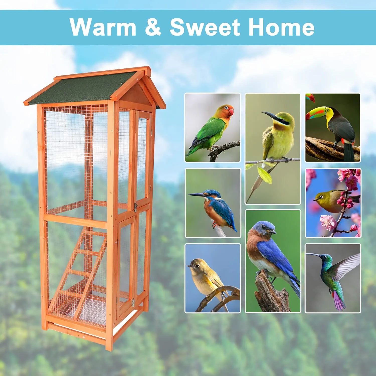 Wooden Large Bird Cage Pet Play Covered House Ladder Feeder Stand Outdoor