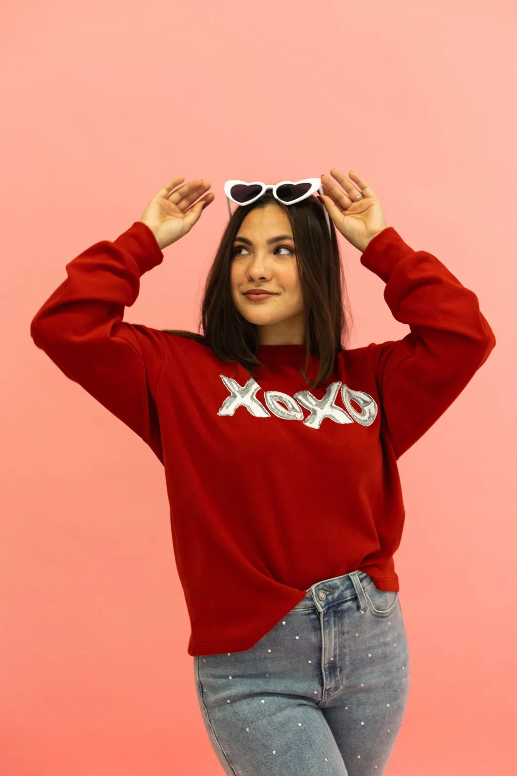 XOXO on Red Crazy Cozy Microfleece Crewneck