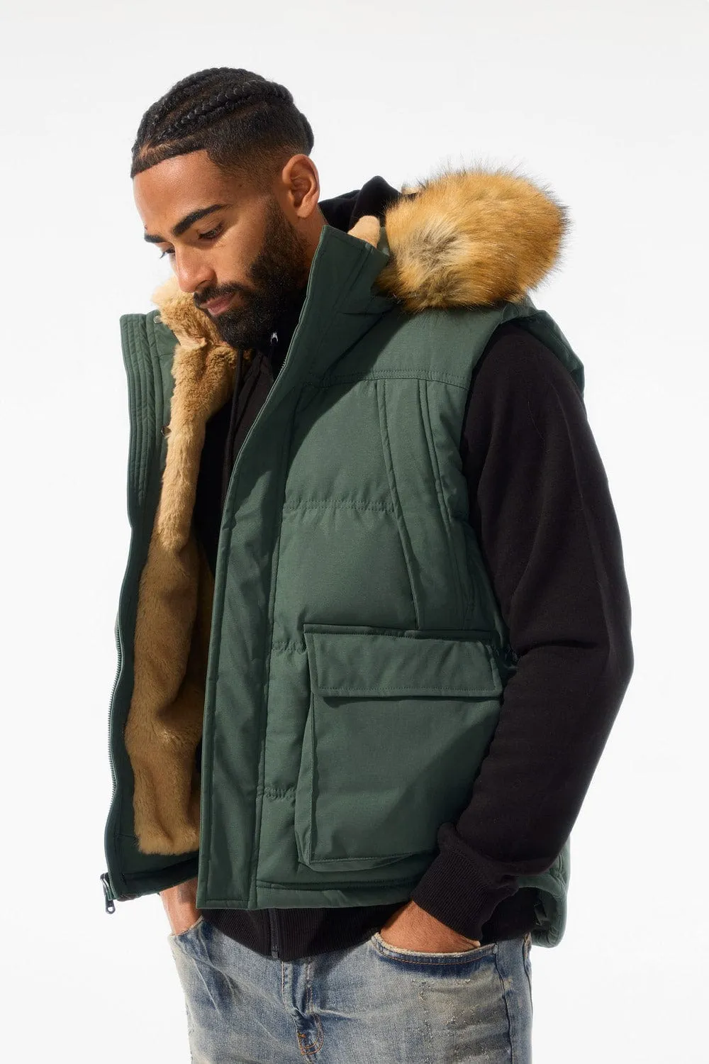 Yukon Fur Lined Puffer Vest (Dark Olive)