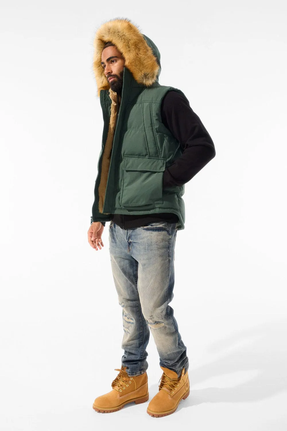 Yukon Fur Lined Puffer Vest (Dark Olive)