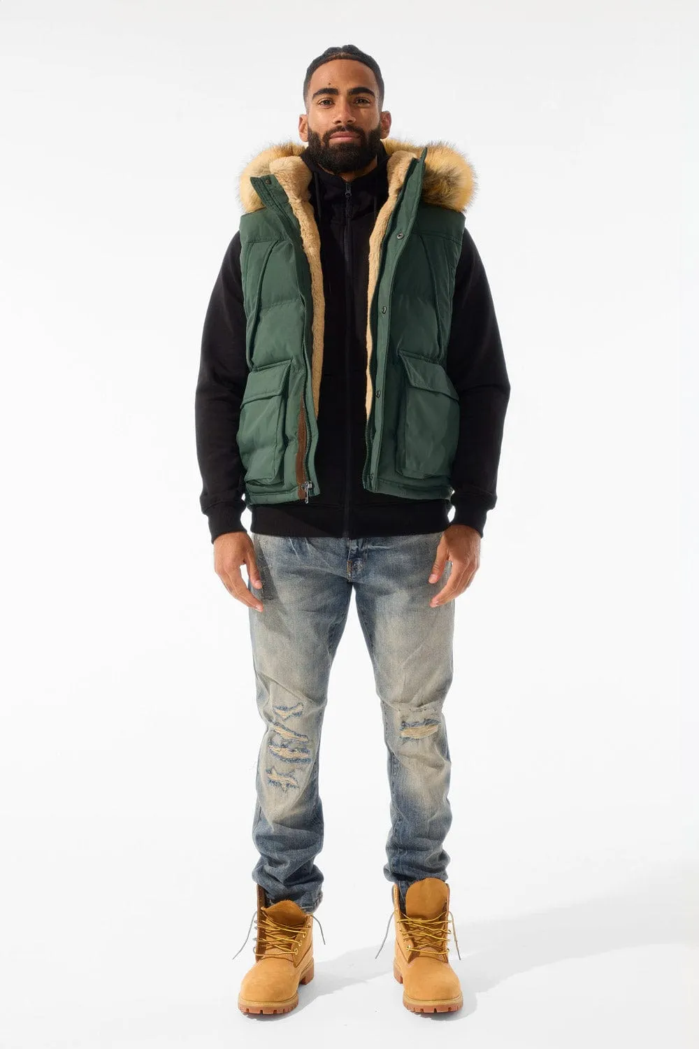 Yukon Fur Lined Puffer Vest (Dark Olive)